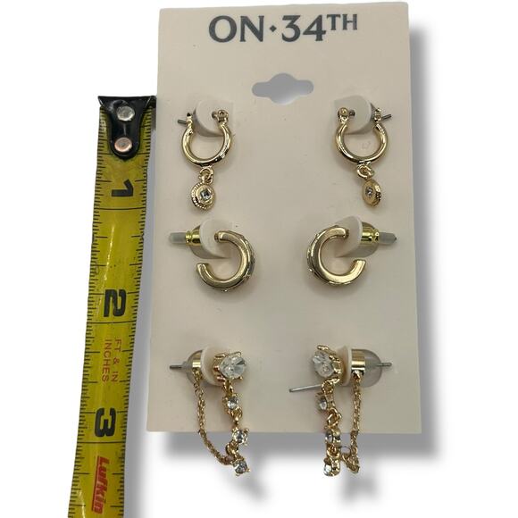 NEW On 34th Gold Earring Set Trio Pave Mini Hoop Dangle Chain Small StackNWT - Picture 6 of 7
